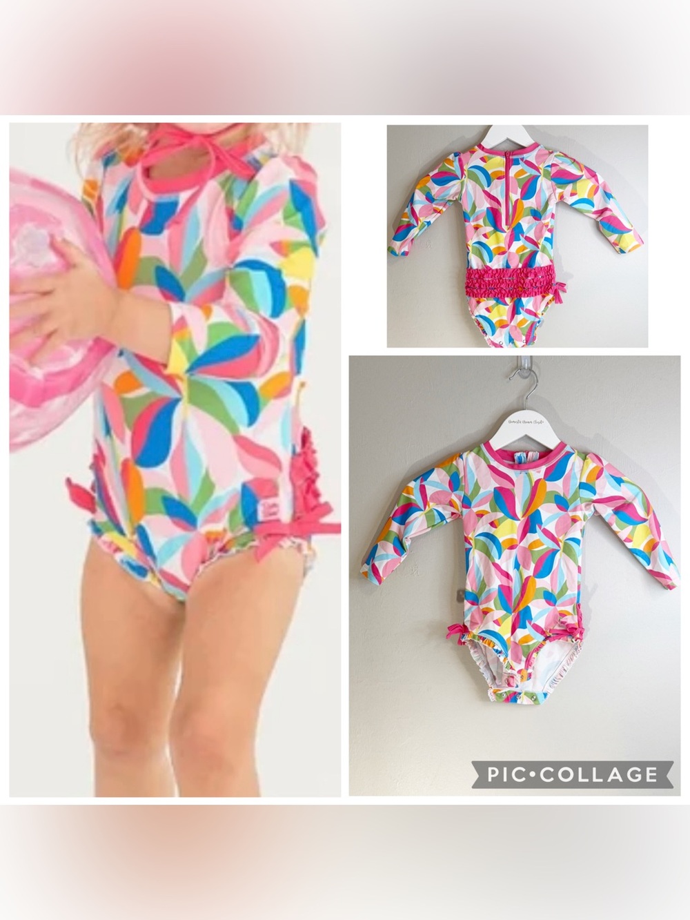 RUFFLE BUTTS Girls TROPICAL ADVENTURE Long Sleeve Rash Guard One Piece Swim 2T.